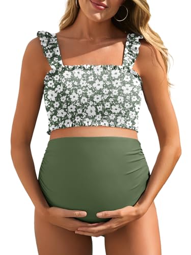 Maternity High Waist Bikini Swimsuit Two Piece Ruffled Hem Cute Floral Bathing Suit Garden Veil Bliss Medium