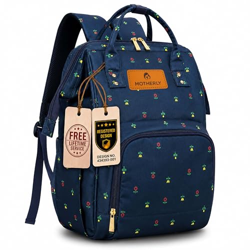 Image of Motherly Patented Diaper Bag Backpack for Moms | Waterproof Baby Travel & Maternity Bag | Spacious Nappy Bag with Insulated Bottle Pockets & Warranty (Floral Series)