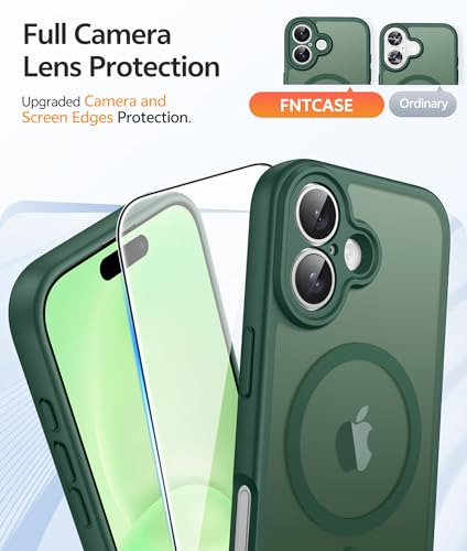 Image of FNTCASE for iPhone 16 Case: [Compatible with Magsafe] Translucent Matte Cases with [Full Camera Protection] [Screen Protector] Military Grade Shockproof Protective Phone Cover - Green