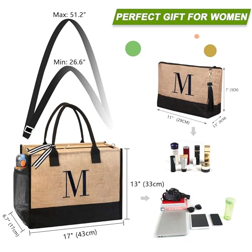 Image of BeeGreen Bridal Gifts for Bride Shower Engagement Gifts for Bride Personalized Tote Bag for Wedding, Initial Jute Tote Bag for Bridemaids Bachelorette Women Friends Mother Monogrammed B, Large