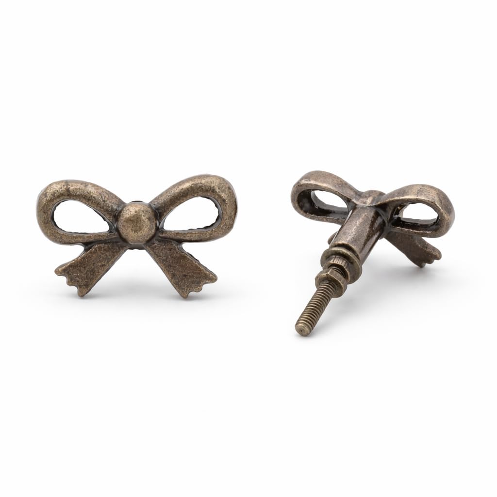 Set of 2 Solid Brass Cabinet Knobs – Vintage Antique Round Drawer Knobs with Handcrafted Textured Finish – Heavy Duty Kitchen Cupboard Pull Handles (6.8 cm Screw Length, 3.8 cm Base) (Bow)