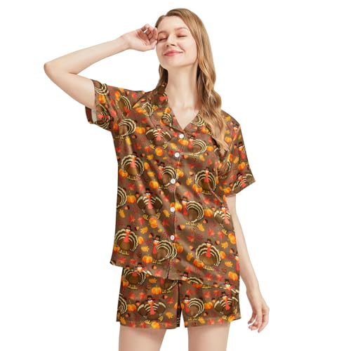 Image of Funny Satin Pajamas Set for Women Button Down Sleepwear Print Pjs Set 2 Piece Short Sleeve Loungewear Gift for Women