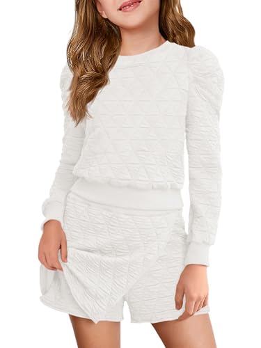 Haloumoning Girls 2 Piece Fall Outfits Clothing Sets Kids Puff Long Sleeve Argyle Sweatshirts and Wrap Skorts 5-14 Years