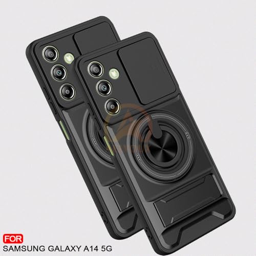 Image of Samsung Galaxy A14 5G Back Cover | Armor Camera Slider 360 Degree Rotating Finger Ring Holder Case with Bracket Stand Back Case Cover (Compatible with MagSafe Accessories) (Black)
