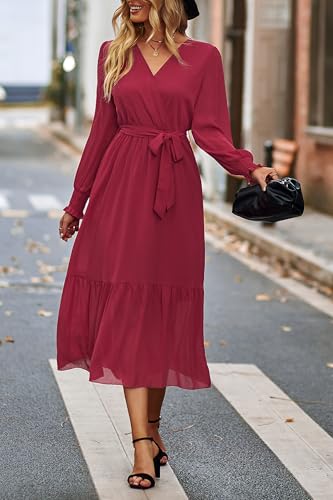 Image of PRETTYGARDEN Women's Floral Boho Dress Fall Long Sleeve Wrap V Neck Ruffle Flowy Maxi Spring Wedding Guest Vacation Dresses