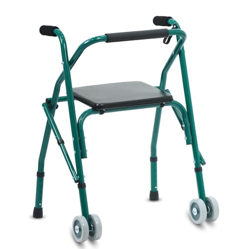 Image of Kosmocare Premium Imported Folding Comfort Walker With Seat Incl. 2 Pairs Of Dual Front Wheels