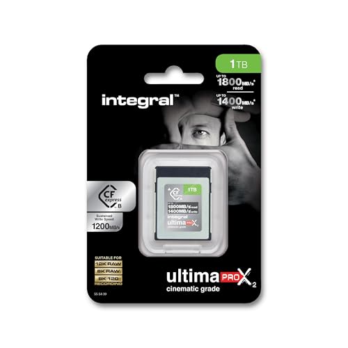Integral Carte Mémoire CFexpress Type B 2.0 1 to, 12K et 8K RAW, 8K 120 FPS, 1800MB/s Lecture, 1400MB/s écriture, 1200MB/s soutenue, idéale pour caméras cinéma, DSLR et workflow intensif.