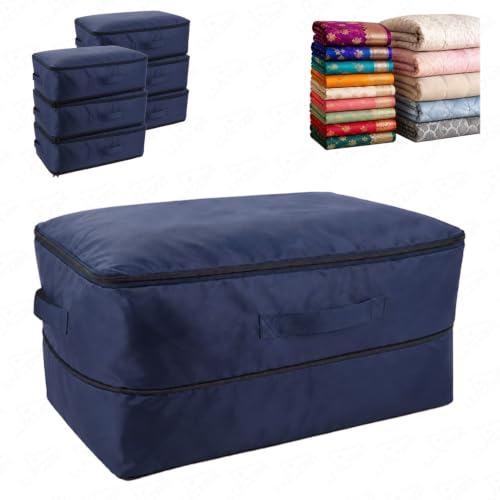 Image of Lukzer 6PC Expandable Self Compression Storage Bag for Clothes, Sarees, Blankets, Comforters & Bedding | 2 Layer Large Capacity Space Saving Wardrobe Storage Organizer | No Vacuum Needed (Nylon /Blue)