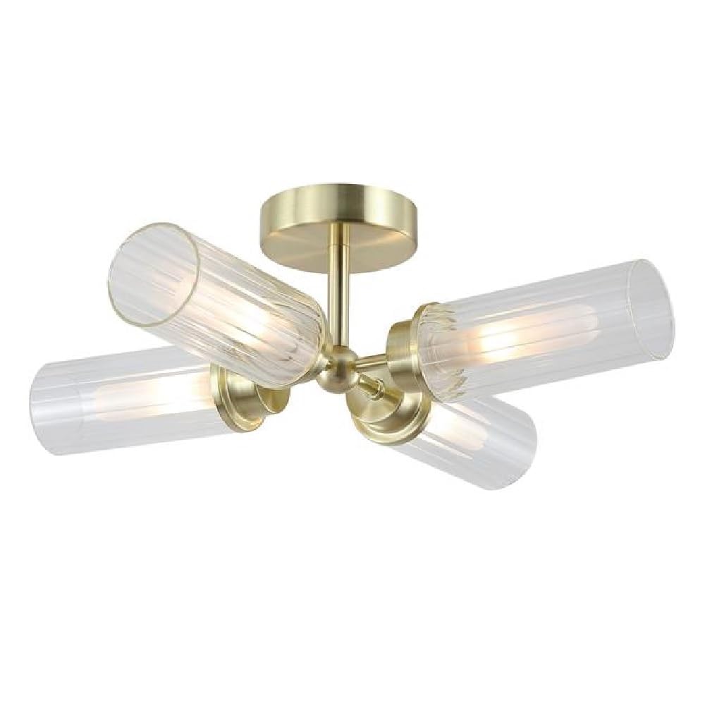 Britalia Ceiling Light, Bathroom, 39cm, Satin Brass, Metal with Ribbed Glass, Vintage Style, 14cm x 39cm, Indoor Outdoor IP44 Rated, G9 Electric, 4 lamp
