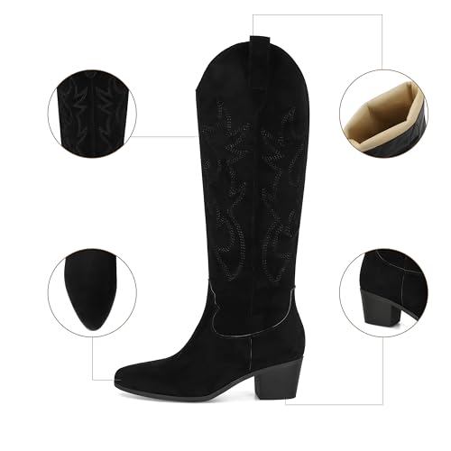 Image of STALOV Cowboy Boots for Women Pull On Chunky Heel Boots Knee High Cowgirl Boots Western Pointed Toe Boots Embroidered Suede Boots