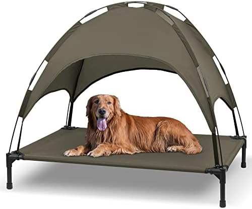 Heeyoo Elevated Dog Bed with Canopy, Outdoor Dog Cot with Removable Canopy Shade Tent, Portable Raised Pet Cot Cooling Bed for Dogs and Cats, 42 inches