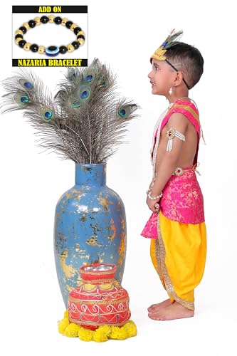 Image of Krishna Dress for Kids, Baby Krishna Dress for Janmashtami with Krishna Mukut, Peacock Feather & Flute Embroidered Krishna Costume for Girl & Boy, 3 Months-8 Years