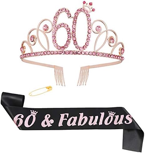 ruggito 60th Birthday Costume Set For Women,Include 60th Black Satin Sash,Birthday Crown Tiara and Round Brooch Clip Pin for 60th Birthday Party Decorations