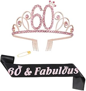 ruggito 60th Birthday Costume Set For Women,Include 60th Black Satin Sash,Birthday Crown Tiara and Round Brooch Clip Pin for 60th Birthday Party Decorations