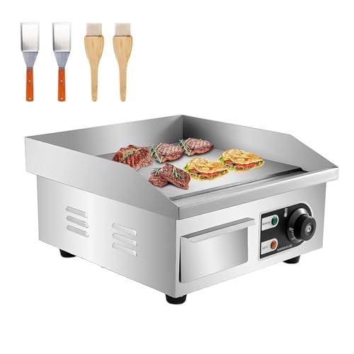 Fridgestea Commercial Electric Griddle, 2000W Stainless Steel Non-Stick Flat Top Hotplate, 35.5cm Countertop Burger Bacon BBQ Business Catering Grill with Shovels, Oil Brushes