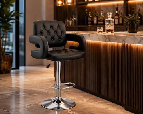 Image of Modern Button Shape Bar Stool with 360 Swivel | Height Adjustable Bar Chair | Counter Stool & High Chairs | Comfortable for Home, Office, Restaurant Bar & Cash Counter - (Black)