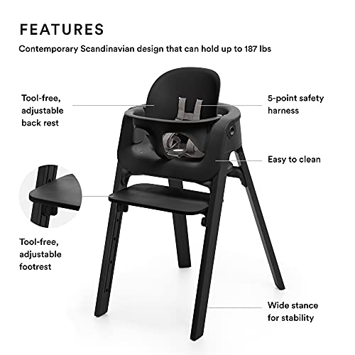 Stokke Steps High Chair, Black - 5-In-1 Seat System - Includes Baby Set - Suits Babies 6-36 Months - Chair Holds Up To 187 Lbs. - Tool Free & Adjustable #TOP1