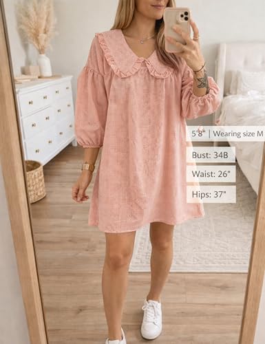 Image of Ynhonra Women's Gingham Mini Dress 3 /4 Puff Sleeve Babydoll Doll Collar