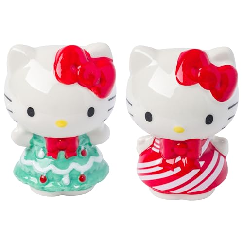Silver Buffalo Sanrio Hello Kitty 3D Sculpted Festive Christmas Tree and Candy Cane Holiday Salt and Pepper Shaker Set