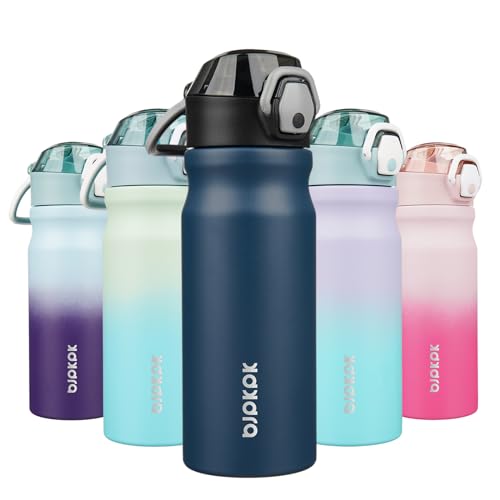 Image of BJPKPK 18 oz Water Bottle with Straw & Handle, Insulated Stainless Flask | Leak Proof Locking Lid, Thermal, Double Wall Vacuum, Keeps Hot /Cold, BPA Free, Dishwasher Safe, Travel & Sports, Navy Blue