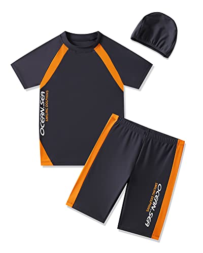 Image of Boys Swimsuits UPF50+UV Swimwear Set Two Piece Rash Guard with Hat for Kids 4-14 Years