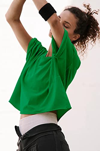 Image of HUGOOME Womens Oversized Workout Crop Top Casual Short Sleeve Boxy Roll Hem | Basic Half Split Sleeve Drop Shoulder Loose Yoga Running Gym Tee Cropped T-shirt Solid Trendy Relaxed Daily Tee