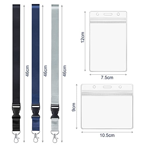 Vicloon Schlüsselband Umhängeband, 3 Neck Lanyard und 6 Ausweishülle, Umhängeband mit Schnellverschluss Schnalle und Drehbarem Karabinerverschluss, für Arbeitskarte ID-Karten(Schwarz/Grau/Saphirblau)