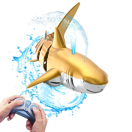 HTZKO Remote Control Shark can Spray Waterï¼ŒCan be Charged Pool Shark Toyï¼ŒWater Jet Simulation Sharkï¼ŒRemote Control Boat for Poolï¼ŒPool Toys for Kids Ages 8-12 (Gold)