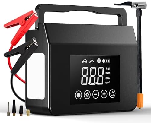 Hieha 4000A Portable Jump Starter with Air Compressor, 12V Car Battery Power (All Gas 8L Diesel) with 150PSI Tire Inflator 15000mAh PowerBank & Quick Charge, Flashlight, Emergency kit for Car, Truck