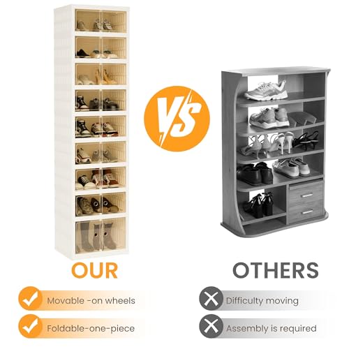Image of Foldable Shoe Organizer Storage Box Set of 6, Portable Extra Large Folding Shoe Rack for Closet, Shoe Storage Box with Magnetic Transparent Door and Wheels, 9 Layers 18 Grids with 2 Big Grids