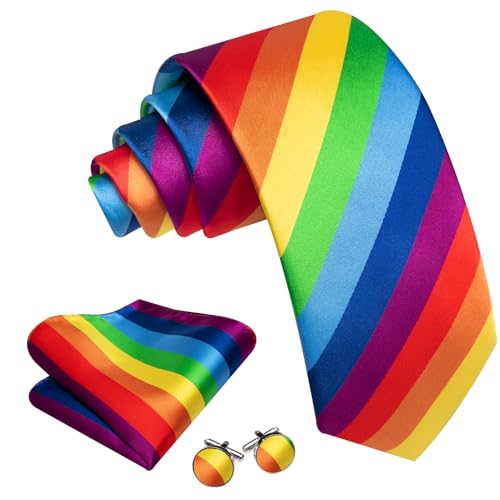 Image of Barry.Wang Man Stripe Ties Set Silk Woven Pocket Square Necktie Cufflinks Formal Party Business