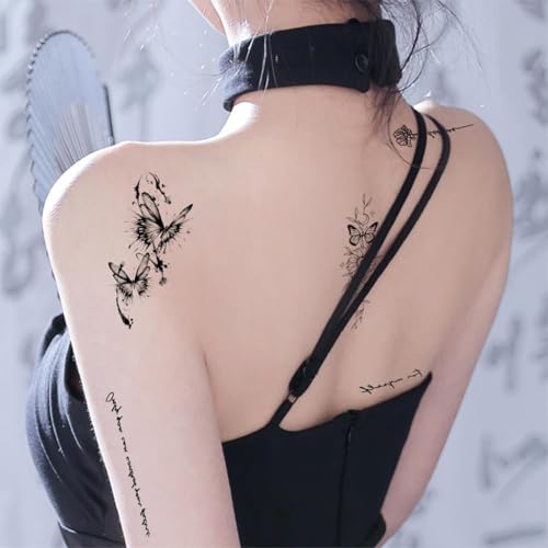 Image of MAYCREATE 30 Sheets Temporary Tattoo Black Butterfly Flowers Mixed Styles Tattoo Sticker Waterproof Realistic & Long-Lasting Fake Tattoos Mini Face Body Makeup Stickers for Women Girls