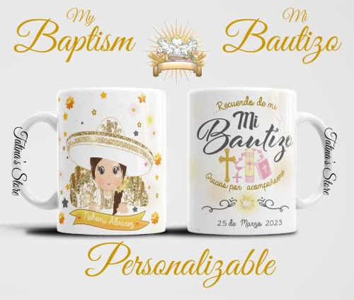 Recuerdos para Bautizo de niña, 12 Hermosas Tazas de Ceramica personalizadas de 11 oz que incluyen tarjeta de agradecimiento y moño de satin en color blanco
