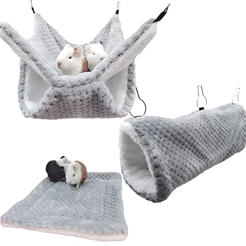 Seis 3 Pcs Plush Hamster Hammock Set Sugar Glider Hanging Cage Accessories Set Small Animal Hammock Channel Mat For Guinea Pig Rat Gerbil Squirrel Birds Parrot (Grey) #TOP23