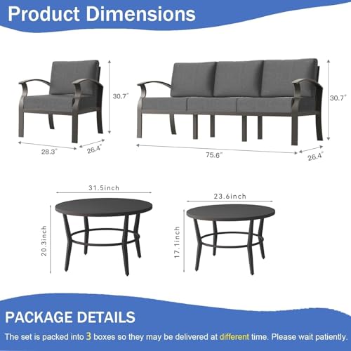 Image of Aluminum Patio Furniture Set with 2 Round Coffee Tables, 5 Seats Outdoor Patio Conversation Sets w /5.1 inch Cushions,Patio Conversation Sets for Garden, Backyard, Porch-Grey
