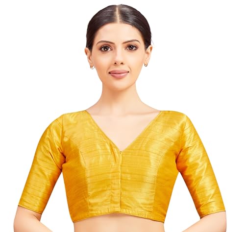 Image of Studio Shringaar Women Readymade Raw Silk V Neck Saree Half Sleeve Blouse
