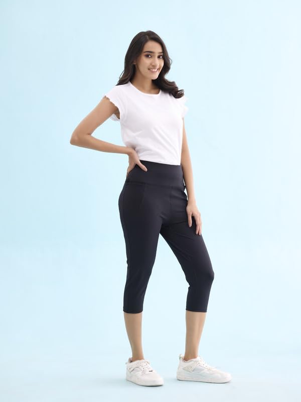 Image of GO COLORS Womens Solid Training Capri | Elastane, High Rise