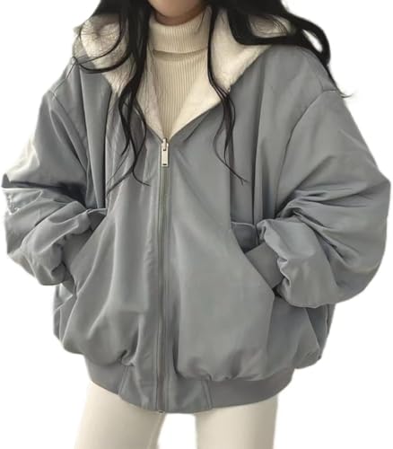 Chaqueta Sherpa para Mujeres Adolescentes Chicas Reversibles Y2K Zip Up Holdea Fur Grunge Grunge Invierno Corte Cortecore Corea, Azul, M
