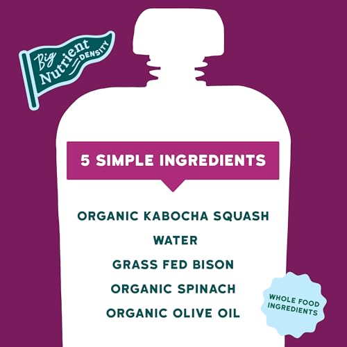 Image of Serenity Kids 6+ Months Baby Food Pouches Puree Made With Ethically Sourced Meats & Organic Veggies | 3.5 Ounce BPA-Free Pouch | Grass Fed Bison, Kabocha Squash, Spinach | 1 Count