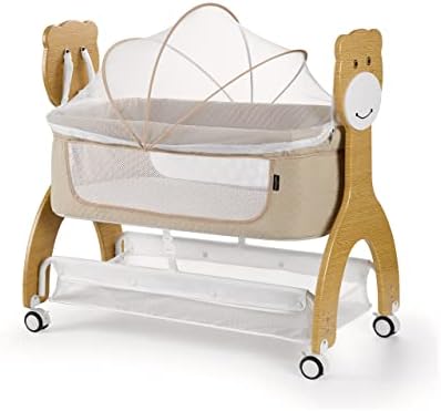 Dream on Me Cub Portable Bassinet in Beige, Multi-Use Baby Bassinet with Locking Wheels, Large Storage Basket, Mattress Pad Included, JPMA Certified