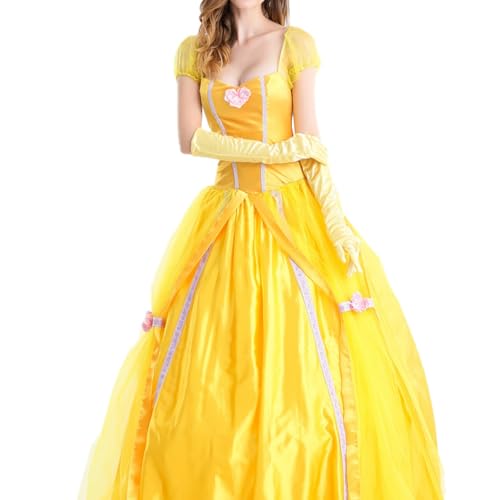 YOSICIL Déguisement de Princesse Belle Femme Adulte Cosplay La Belle et La Bête avec Gants Robe Longue d'Animateur en Tulle Halloween Carnaval Anniversaire Photoshoot, jaune, L