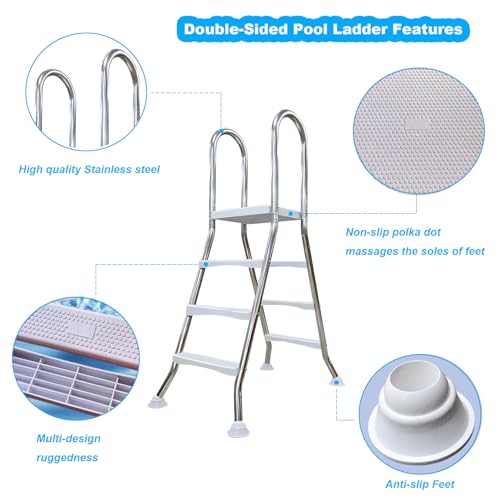 Escalera de piscina resistente de 2 escalones para piscinas sobre el suelo, almohadillas giratorias antideslizantes, se adapta a paredes de 33 pulgadas, entrada fácil y segura, acero inoxidable