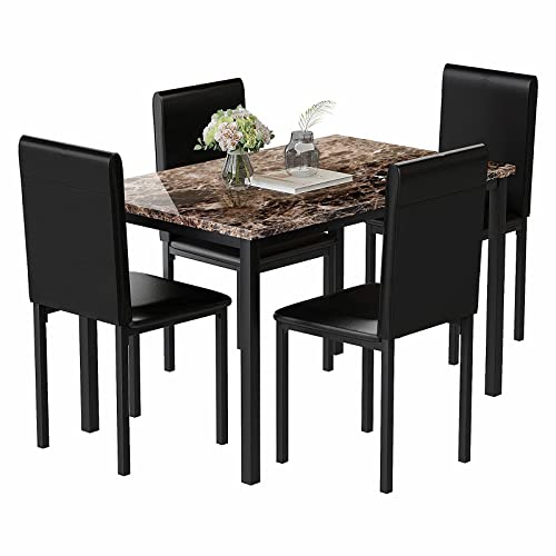AWQM 5 Piece Dining Table Set for 4, Faux Marble Dining Table Set for Small Spaces,Kitchen Table and Chairs for 4,Upholstered PU Leather Chairs,Dining Room Table Set for Kitchen, Bar, Living Room