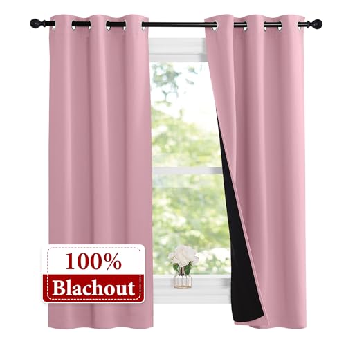 Image of NICETOWN 100% Blackout Short Curtains with Black Liners, 2 Panels, 37 inch W by 60 inch L, Crystal Pink, Thermal Insulated Full Blackout 2-Layer Lined Drapes, Energy Efficiency Window Draperies for Bedroom