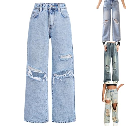 Girls Low Rise Baggy Barrel Jeans: Ripped Jeans Trendy Elastic Waisted Pull On Pants Cute Teen Girls Jeans Plus Size