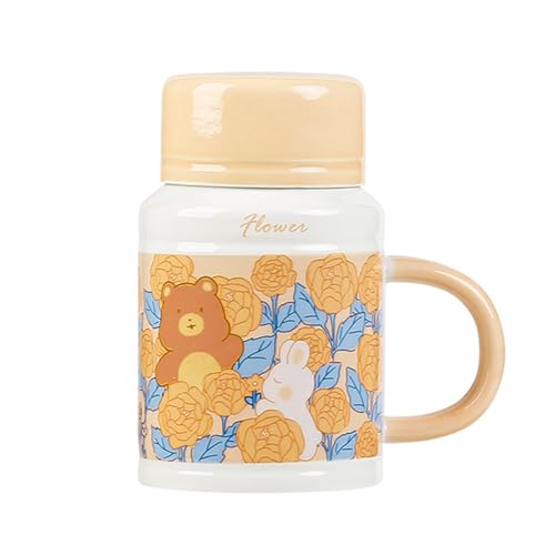 Jarsense Ceramic Coffee Mug, Rabbit Cappuccino Mug with Handle and Lid, 420ml Breakfast Oatmeal Mug, Creative Tea Mug Milk Mug (Yellow)