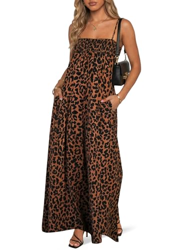 Wenrine Womens Summer Polka Dot Maxi Dress Casual Spaghetti Strap Smocked Loose Vacation Beach Dresses with Pockets