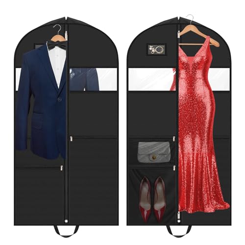 Alyvisun 2PCS Funda Ropa 3 Bolsillos con Cremalleras, Portatrajes Largos 130x60cm, Porta Trajes con Manijas para Ropa Vestido Noche, Boda