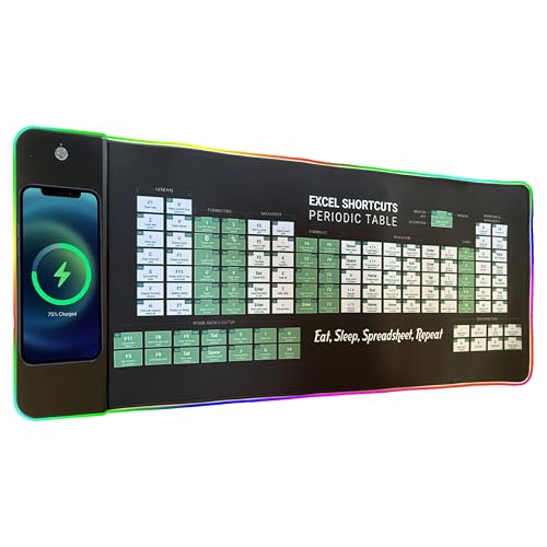 Excel Shortcuts Mouse Pad with Wireless Charging & RGB Light