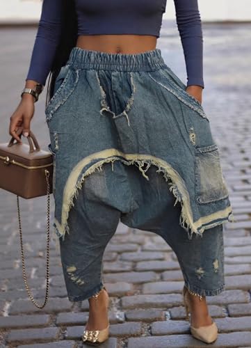 Women's Harem Denim Pants Elastic Waist Loose Cropped Cargo Barrel Jeans Casual Patchwork Ripped Trousers Pockets2